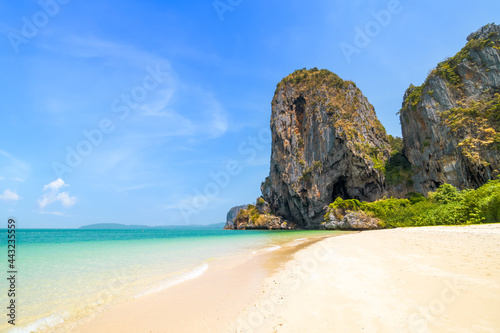 Ao Phra Nang near Railay beach with crystal clear water and exotic landmark limestone cliff mountain, Krabi, Thailand