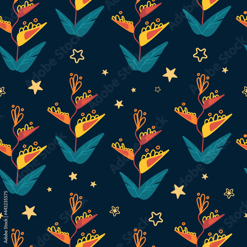 Bright vector seamless tropical pattern with strelitzia flower leaves and stars on a dark background. South night. For printing on fabric, clothing, wallpaper, banner background.
