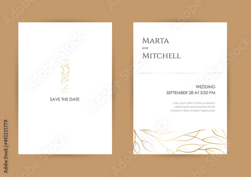 Minimalist wedding invitation card template design, golden line art drawing. Good for poster, card, invitation, flyer, cover, banner, placard, brochure and other graphic design.