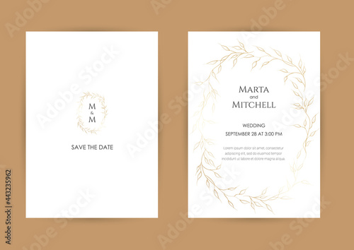 Minimalist wedding invitation card template design, golden line art drawing. Good for poster, card, invitation, flyer, cover, banner, placard, brochure and other graphic design.