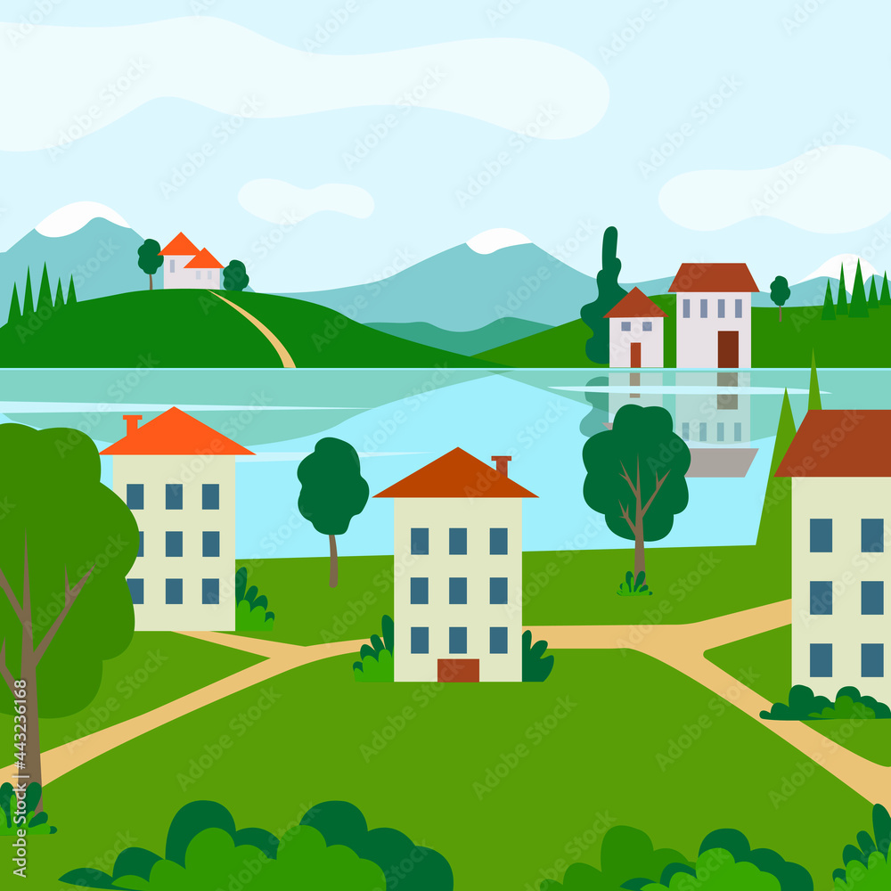 Vector illustration of nature with houses and a river.