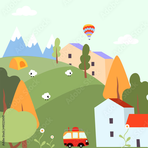 Vector children's illustration with a bright drawing with a car, a house and nature.