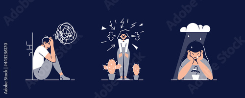 Stress, anxiety, depression set vector illustrations. People suffers from mental psychological diseases. Isolated on dark. Mental disorders, illnesses, psychiatry concept for banner. Flat style