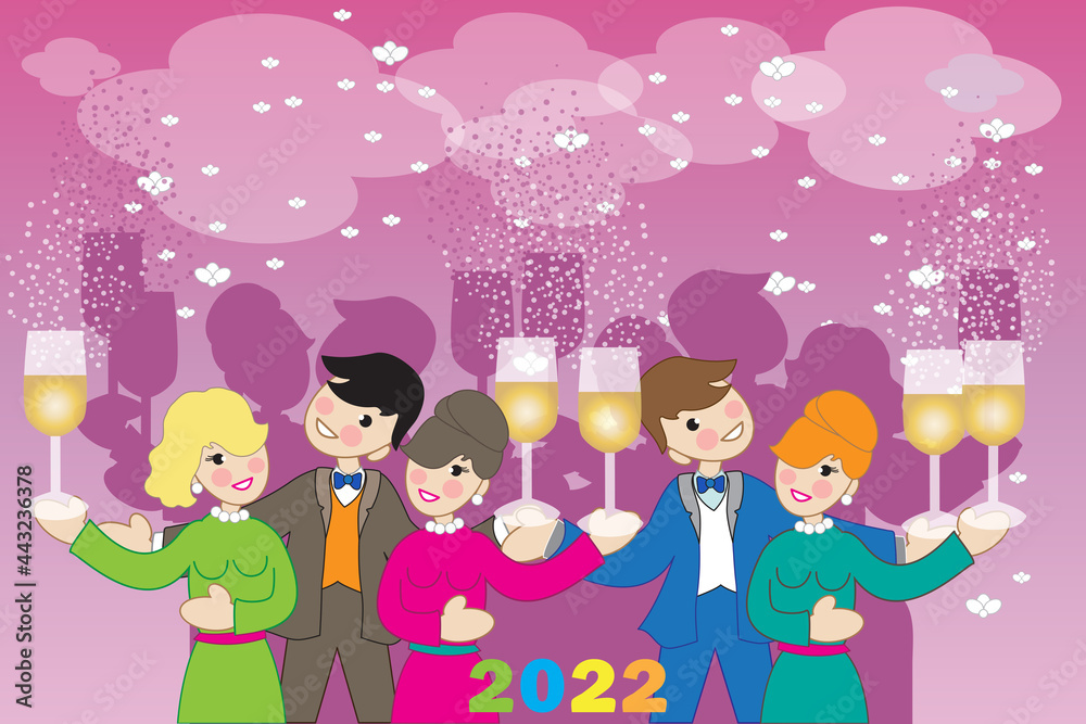A group of people cheerfully celebrates the arrival of the new year 2022 A group of people cheerfully celebrates the arrival of the new year 2022