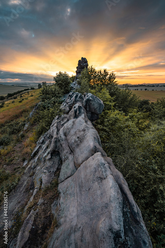 Die Felsen der Teufelsmauer im Gegenlicht der untergehenden Sonne, Thale, Weddersleben, Harz, Sachsen-Anhalt, Deutschland photo