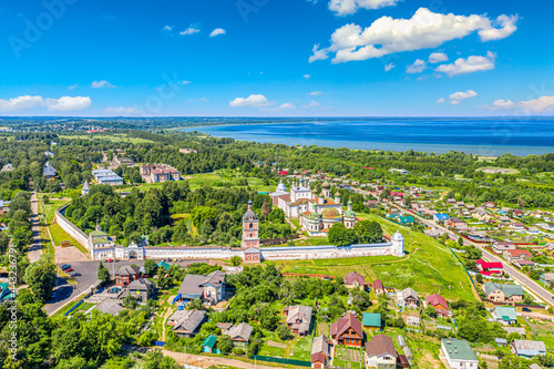 Aerial drone view of the Dormition Goritsky Monastery in Pereslavl Zalessky, Yaroslavl Region, Russia. Summer sunny day. Touristic Golden ring of Russia