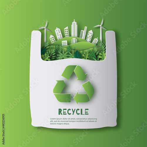 Recycle banner design, a plastic bag with a green city inside, think green, save the planet and energy concept, paper illustration, and 3d paper.