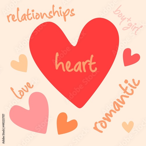 Femininity, romance and hearts. Love and feminism. The girl's body and face. Hearts, flat style. Minimalism of color. Soft tones. Illustrations of women and hearts. Boys and girls.
