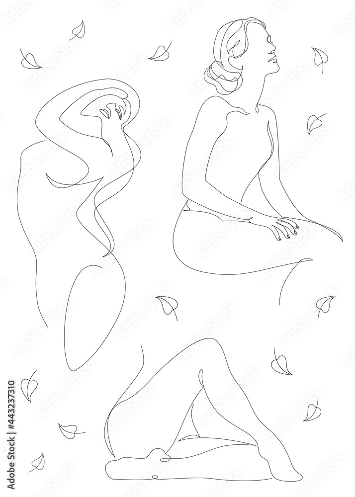 Group. Silhouettes of a figure of a girl and a leaf of a plant in a modern one line style. Continuous line drawing, aesthetic outline for home decor, posters, stickers, logo. Vector illustration set.