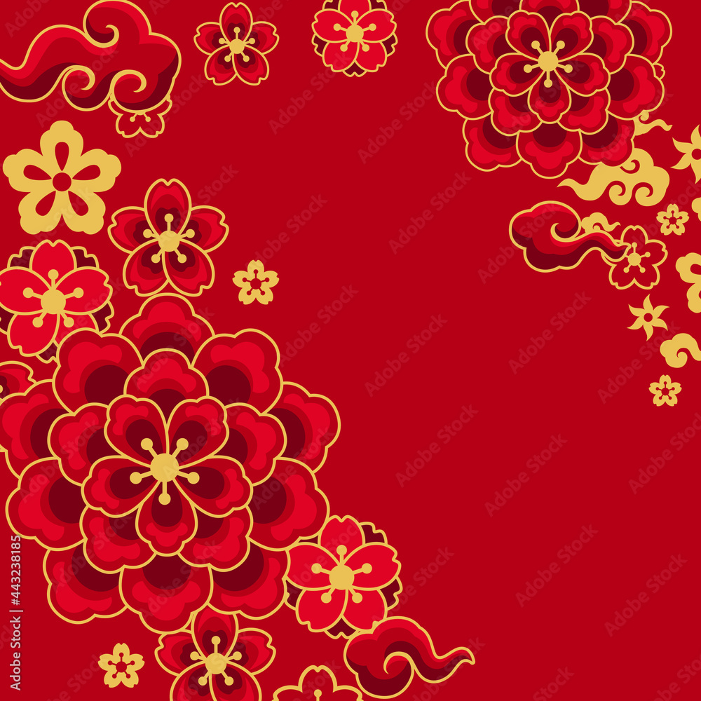 Naklejka premium Happy Chinese New Year greeting card. Background with oriental symbols.