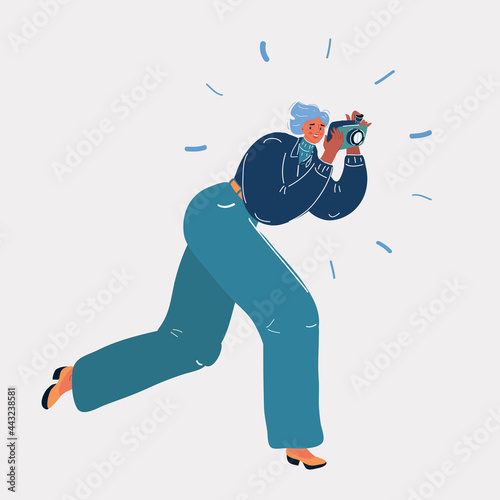 Vector illustration of Woman running and taking a Photo. Paparazzi, photographer concept.