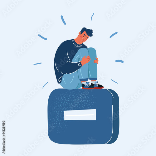 Vector illustration of depressed man sit at big minus sign