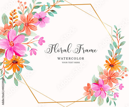 Watercolor pink orange floral frame background