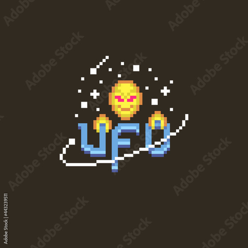 colorful simple flat pixel art illustration of a smiling alien holding the abbreviation UFO