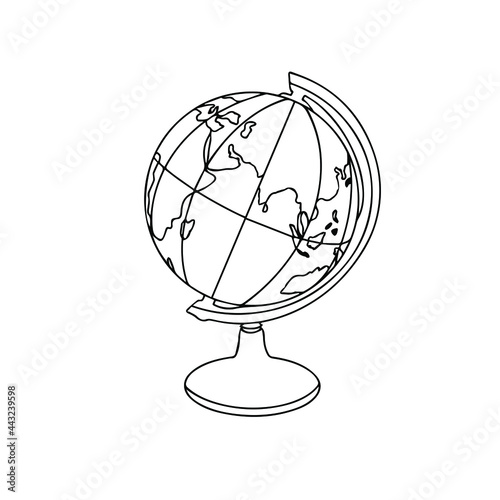 Doodle vector hand drawn globe. Geography lesson, geographic model, back to school, sphere, travel icon. Design element isolated for typography and digital use.