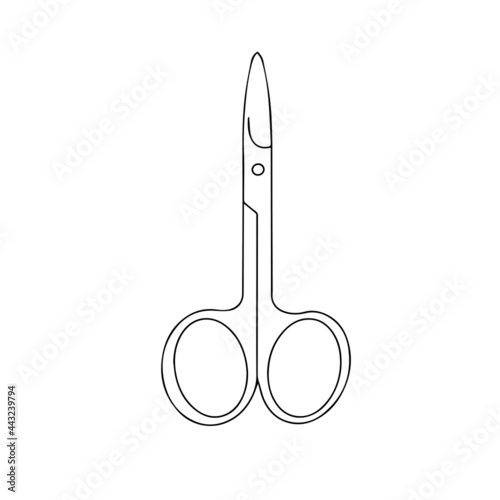 Doodle vector hand drawn manicure scissors. Nail studio, gel varnish polish, beauty procedure, sterile, work place, fingernail, manicure tools. Isolated design element for typography and digital use.