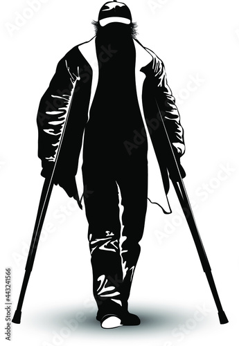 Black and white image of an elderly man on crutches vector illustration