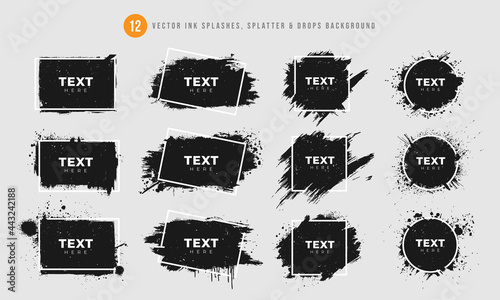Vector ink splash, splatter and abstract grunge paint brushstroke background. Set of banner, frame, watercolor texture, spray and decoration element illustration. Graphic design logo shape or icon.