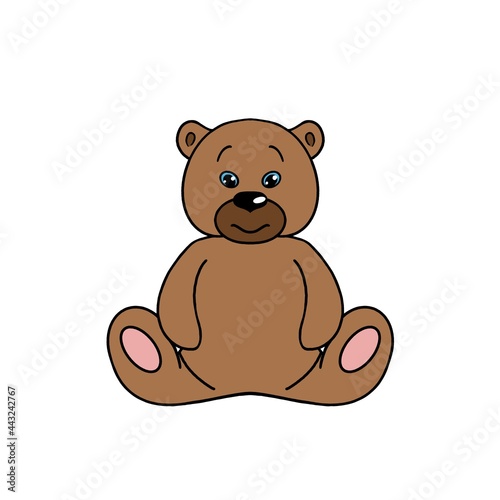A colorful cartoon brown bear  a toy  sitting alone  on a white background. Label  Children s book  Brochure  Booklet  Flyer  Cover  Poster  Banner  Packaging  Presentation  Printing  Advertising