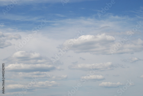 Cumulus and cirrus clouds in the sky. Against the background of a blue sky  various types of clouds  on top of a canvas of high cirrus clouds on the bottom  several cumulus clouds of various sizes.