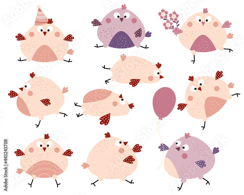 Set of funny cute birds. Decorative various chickens, a hen with flowers and a rooster with balloon, sitting and running. Vector illustration. Isolated. Character for design and decoration, Postcards 