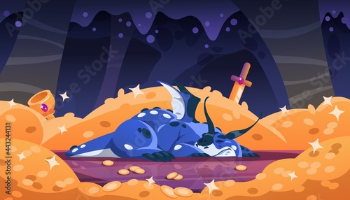 Cartoon dragon on gold. Fairy tale creature beast lying on pile of treasures in dark cave. Flying dinosaur character. Reptile sleeping in dungeon with golden coins. Vector background