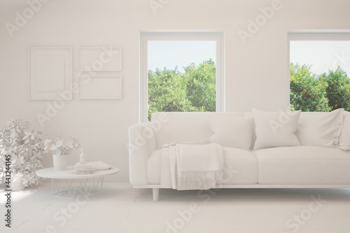 Mock up of stylish room in white color with sofa and green landscape in window. Scandinavian interior design. 3D illustration © AntonSh