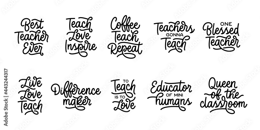Teacher hand drawn calligraphy quote collection. School related typography for prints, posters, t-shirt and mug designs, stickers. Teacher gift lettering set. Vector vintage illustration. - obrazy, fototapety, plakaty 