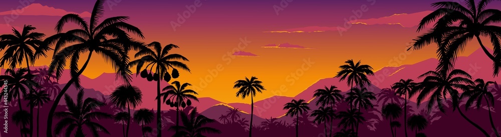 Fototapeta Palm tree silhouette background. California sunset landscape with exotic plants on horizon. Tropical forest and mountains. Scenic night sky. Nature panorama. Vector hot coast wallpaper