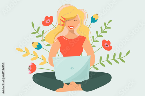 The girl works at the computer against the background of flowering plants. Cute blonde with a laptop in nature. Happy woman in red T-shirt, freelancer. Vector for web design in cartoon flat style.
