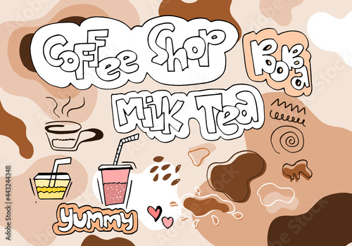 Bubble milk tea Special Promotions design, Boba milk tea, Pearl milk tea , Yummy drinks, coffees and soft drinks with logo and doodle style advertisement banner. Vector illustration. © tedi