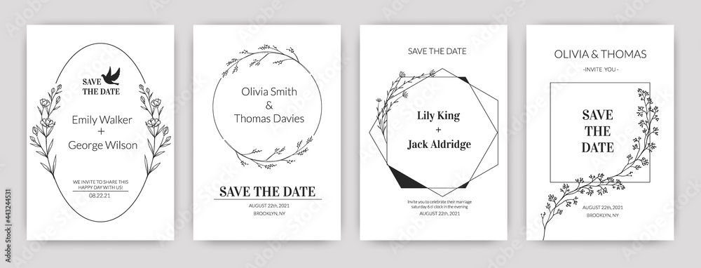 Invitation card. Wedding floral poster with wreath and greenery. Hand drawn holiday banners collection. Minimalistic line frame with leaves and calligraphic newlyweds names, vector set