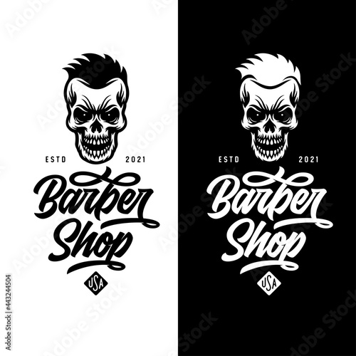 Barber shop badge, label, emblem. Skull with hair. Barbershop logo template t-shirt design. Vector vintage illustration.