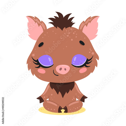 Vector flat cute cartoon doodle boar meditation. Forest animals meditate. Animals yoga