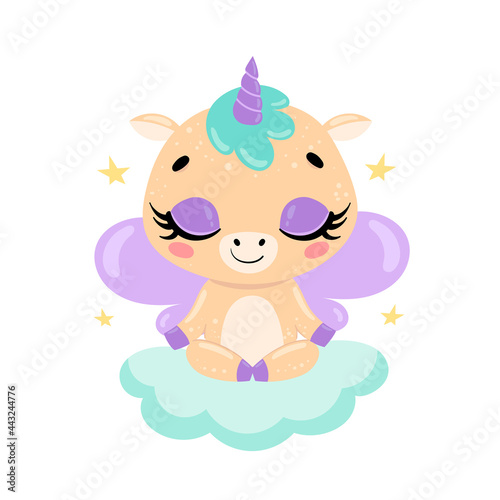flat cute cartoon doodle unicorn meditation. Magic animals meditate. Animals yoga