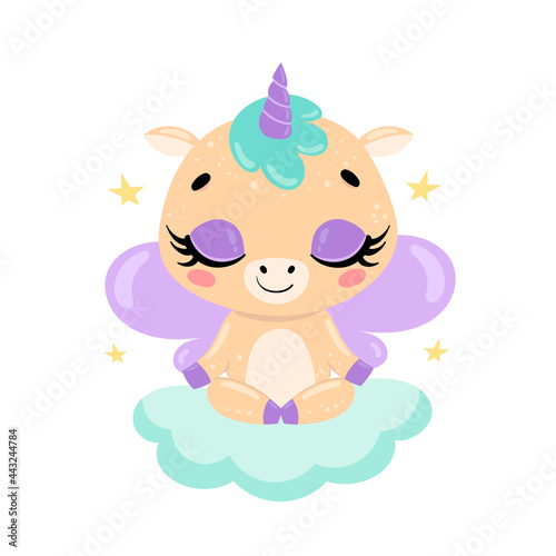 Vector flat cute cartoon doodle unicorn meditation. Magic animals meditate. Animals yoga