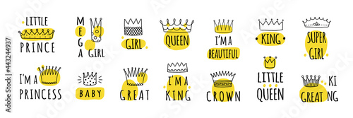 Hand drawn crown logos. Prince and princess, king or queen graffiti elements. Yellow stains and doodle font lettering. Funny stickers with imperial headdress. Vector royal symbols set