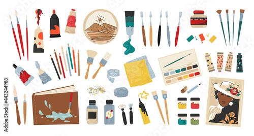 Painting supplies. Cartoon accessories and tools collection for drawing. Professional acrylic or watercolor paints. Picture albums. Brushes and pencils. Vector painter instruments set