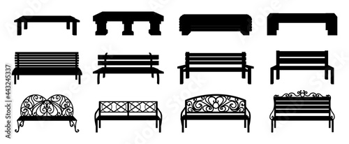 Bench silhouette. Black wooden and wicker street chair. Isolated park recreation furniture collection. Outdoor seat with decorative metal back. Landscape elements. Vector sitting icons set