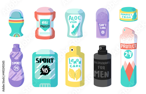 Cartoon deodorant. Antiperspirant cosmetic. Aerosol for sweat odor protection. Roll stick and spray. Personal hygiene and perfume. Isolated cylinder bottles. Vector care products set