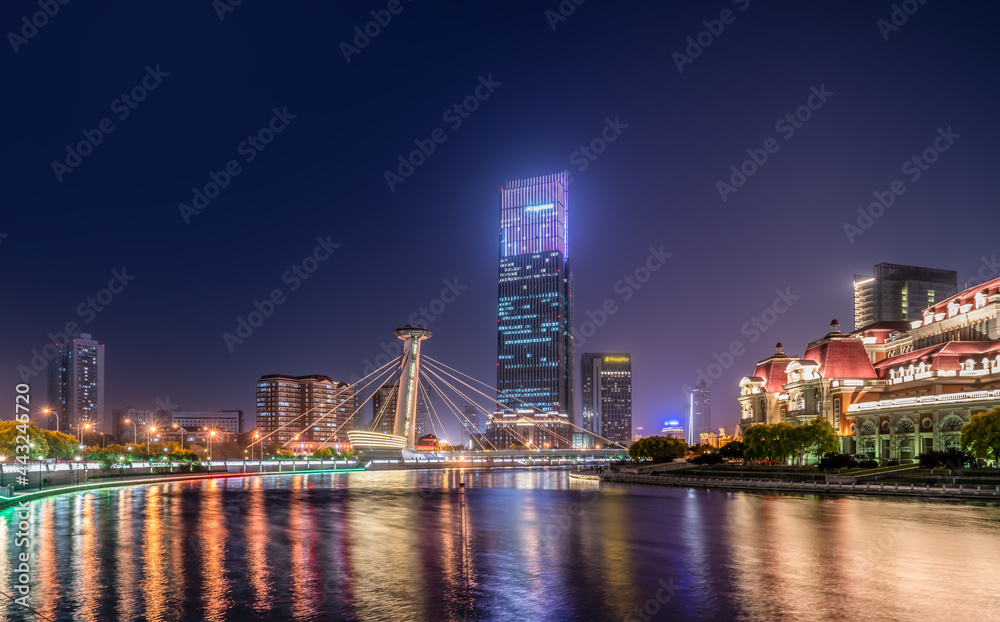Naklejka premium Night view of urban architecture landscape in Tianjin, China