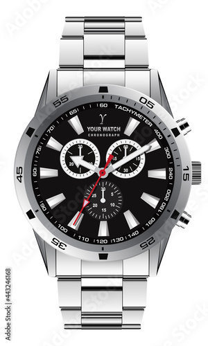 Realistic watch clock chronograph silver dark grey dial design for men fashion on white background vector illustration.
