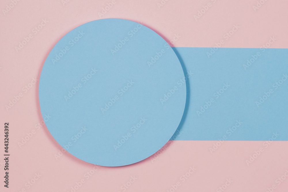 Abstract geometric texture background of pastel pink, light blue color paper. Minimal azure circle and blank line. Top view, copy space Abstract geometric texture background of pastel pink, light blue color paper. Minimal azure circle and blank line. Top view, copy space