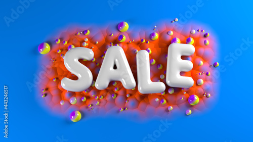 sale bright glossy letters on a blue abstract background with colorful spheres and mountains. 3d illustration