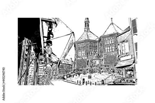 Building view with landmark of Honfleur is the commune in France. Hand drawn sketch illustration in vector.