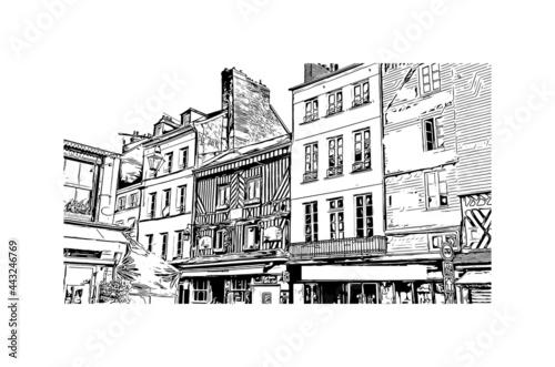 Building view with landmark of Honfleur is the 
commune in France. Hand drawn sketch illustration in vector.