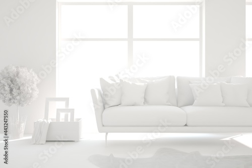 Mock up of stylish room in white color with sofa. Scandinavian interior design. 3D illustration