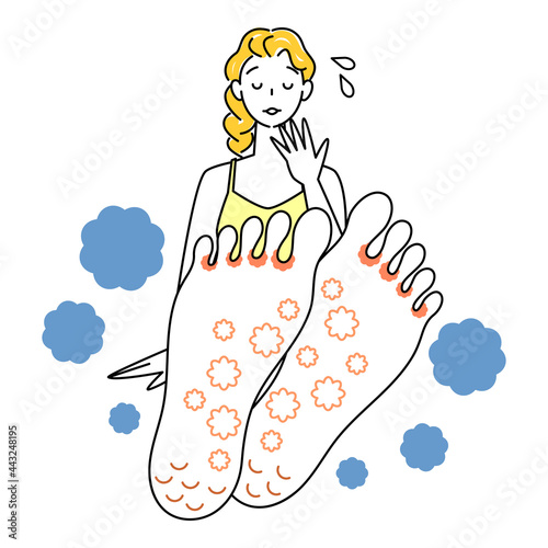 スキンケア 足が水虫になってしまい悲しんでいる可愛い女性 足裏のアップ イラスト ベクター