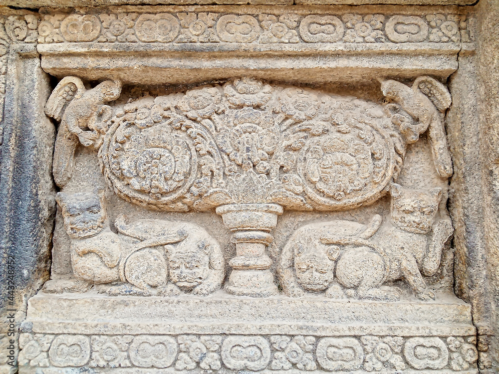 Yogyakarta Indonesia 31 May 2021, The relief of stone carvings in the shape of a cat and dog at the Prambanan temple which is also a tourist spot for local residents and foreigners