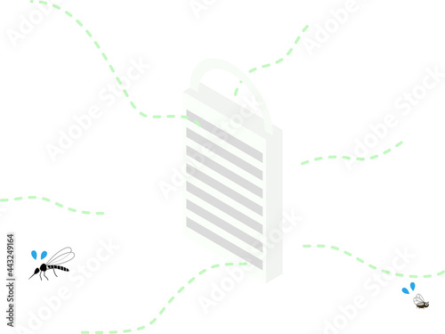 コバエと蚊と吊り下げ型の虫よけアイテムのイラスト